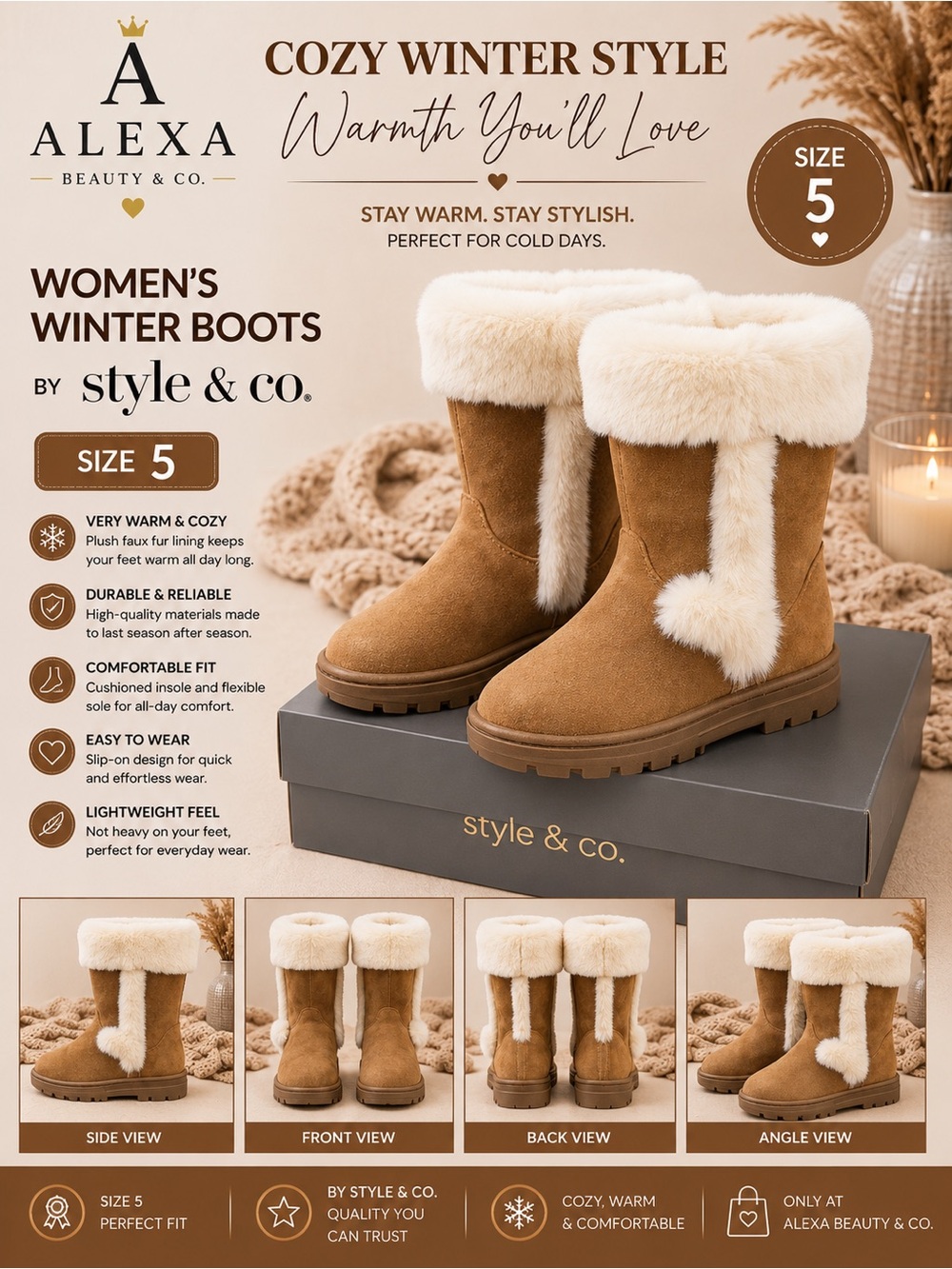 style & co. Women’s Cozy Winter Boots in Chestnut